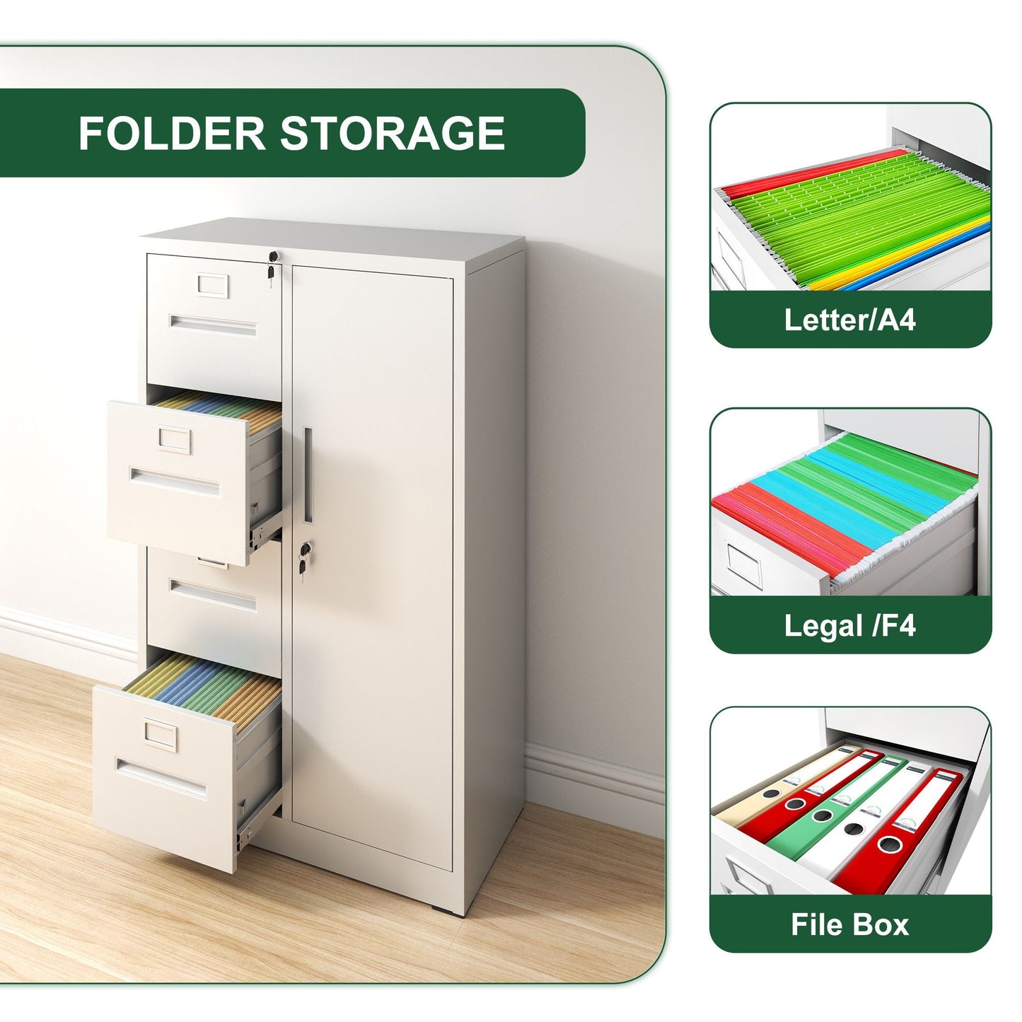Metal Storage Vertical Filing Cabinet With Lock, 4 Drawers, 1 Door, Steel Construction, School / Office Use