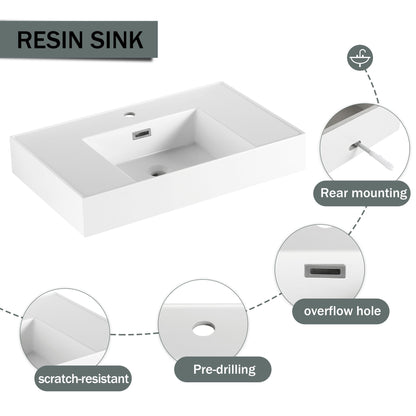 Modern Wall Mounted Bathroom Vanity With Resin Sink And 2 Side Cabinet, Imitative, Construction - Imitative Oak