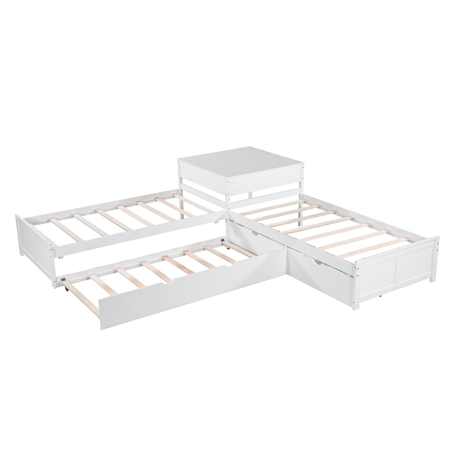 L Shaped Platform Bed With Trundle And Drawers Linked With Built In Desk