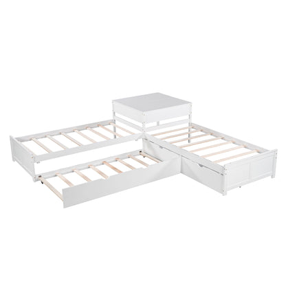 L Shaped Platform Bed With Trundle And Drawers Linked With Built In Desk