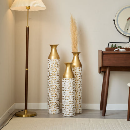Mother's Day Gift Set Gilded White 3D Relief Flower Metal Vase Set - White / Gold
