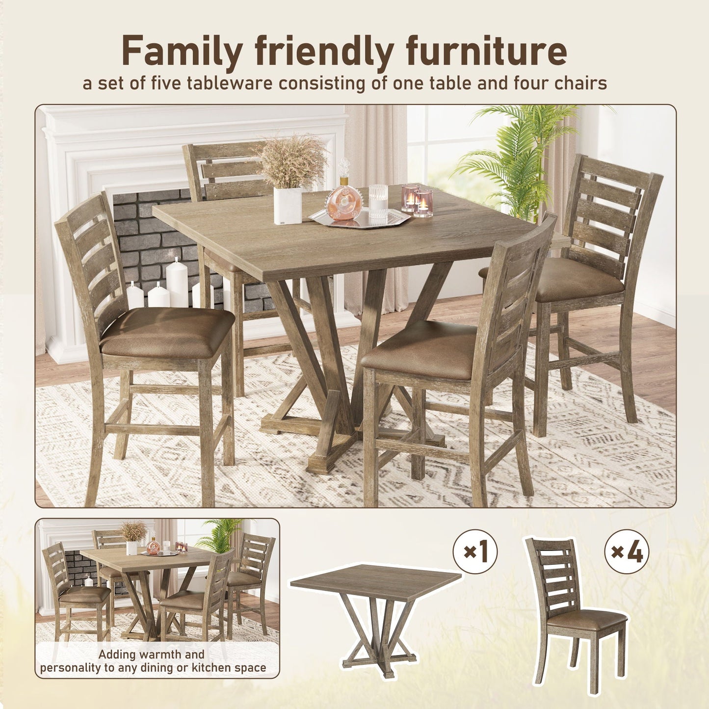 Modern Farmhouse Square Counter Table Solid Wood Rubberwood Antique Finishing Rustic Look Distressed Look Wire Brushed For 4 Seaters - Grayish Brown