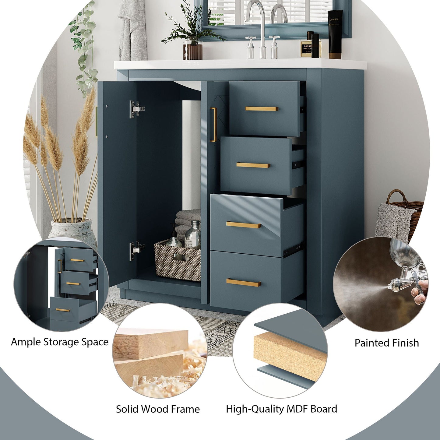 Bathroom Vanity With Sink, Storage Cabinet, Freestanding Set With 3 Drawers & Soft Closing Doors