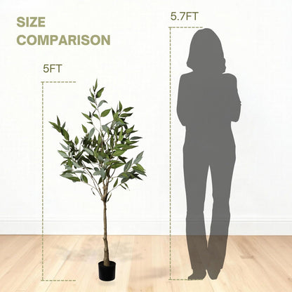 5Ft Realistic Artificial Eucalyptus Tree In Pot With Lush Leaves For Home Office Decor - Green Leaves