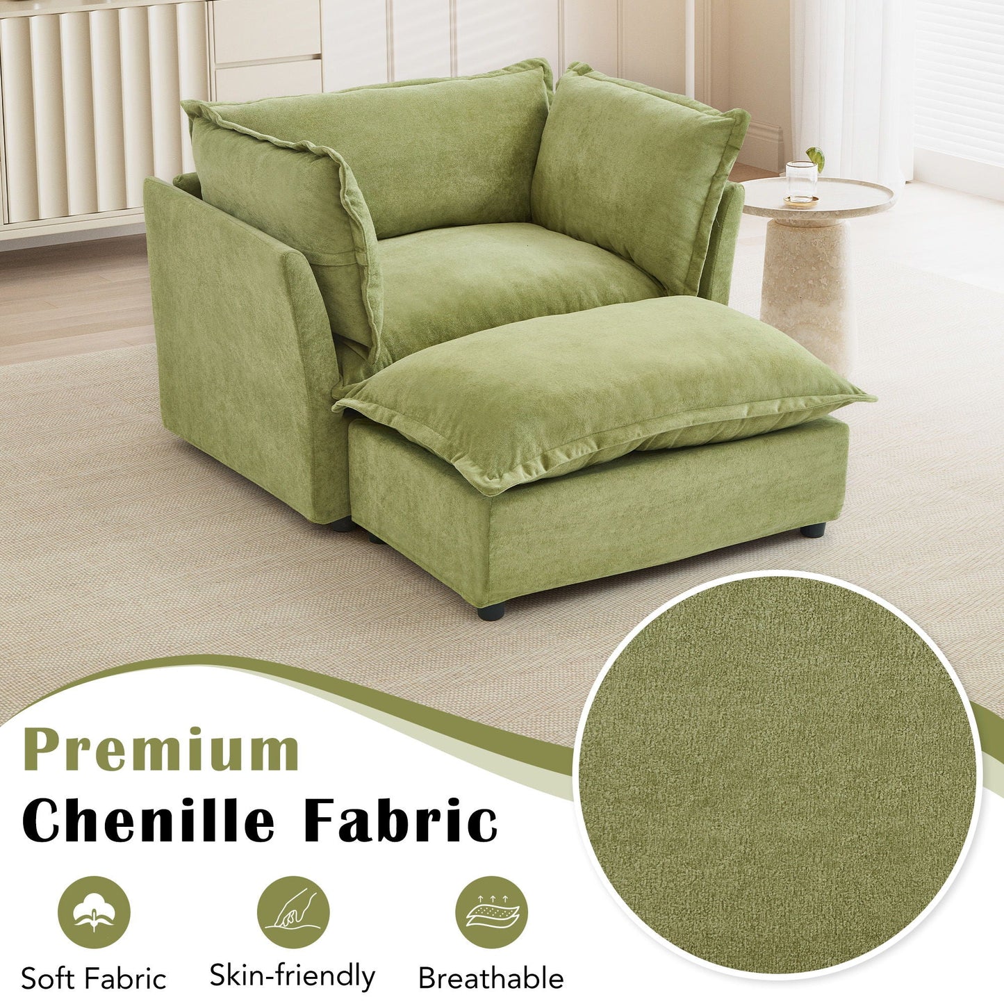 Modern Cozy Upholstered Armchair Sofa With Movable Ottoman