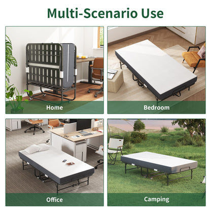 Twin Folding Bed With Memory Foam Mattress Portable Rollaway Bed Sturdy Metal Frame - Brushed Nickel