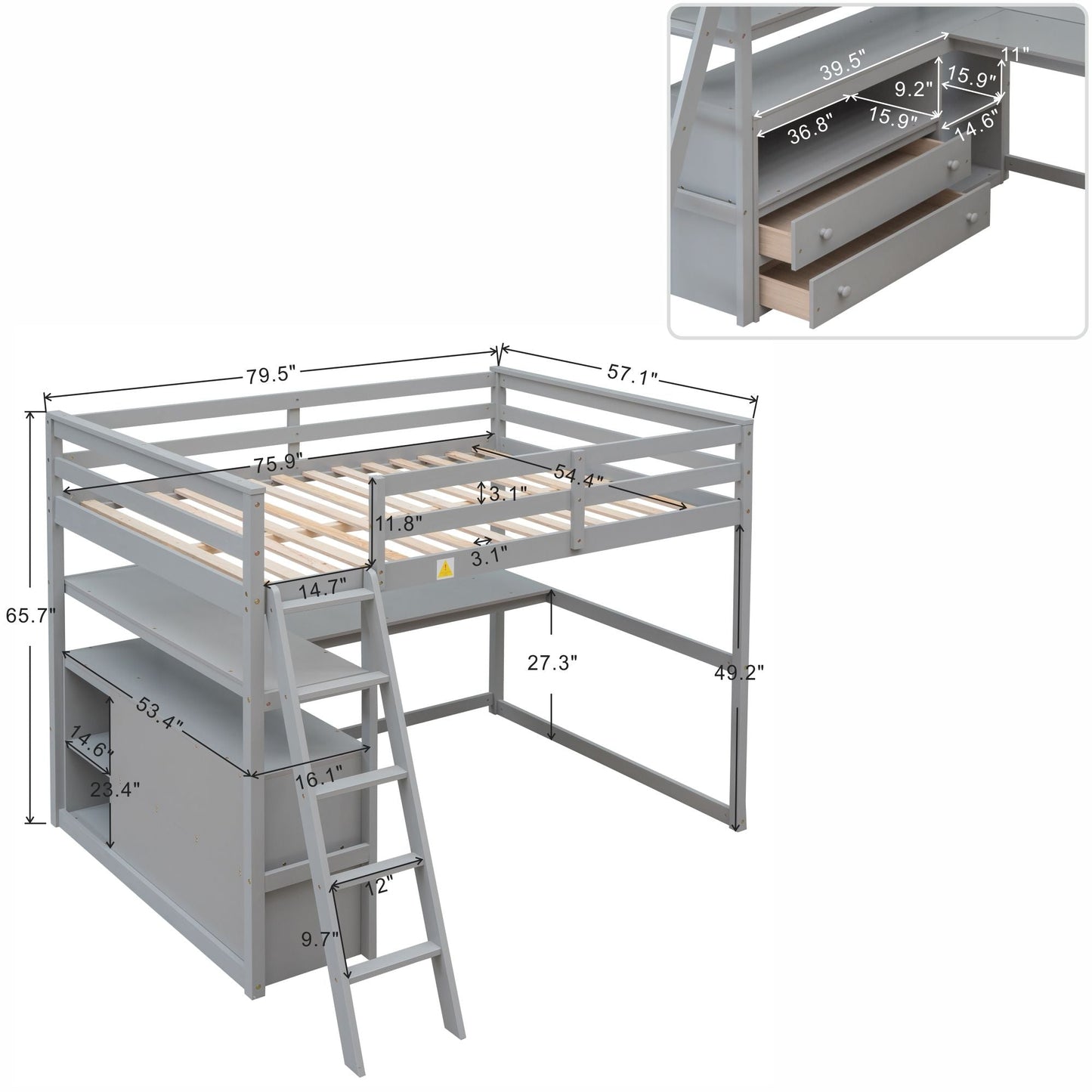 Modern Loft Bed With Built In Desk, Shelves, And 2 Drawers