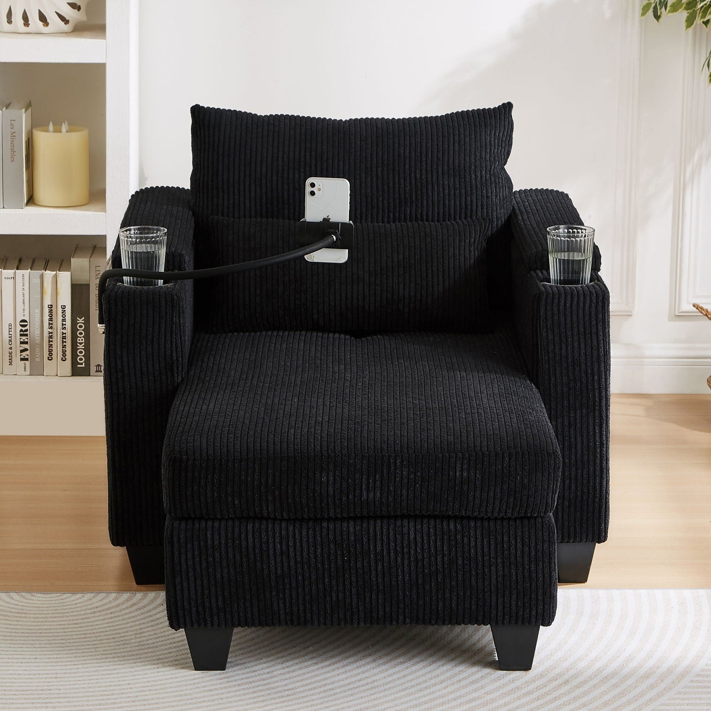 Convertible Chaise Lounge Sofa Chair With USB Ports, Cup Holders, Phone Holder And Storage