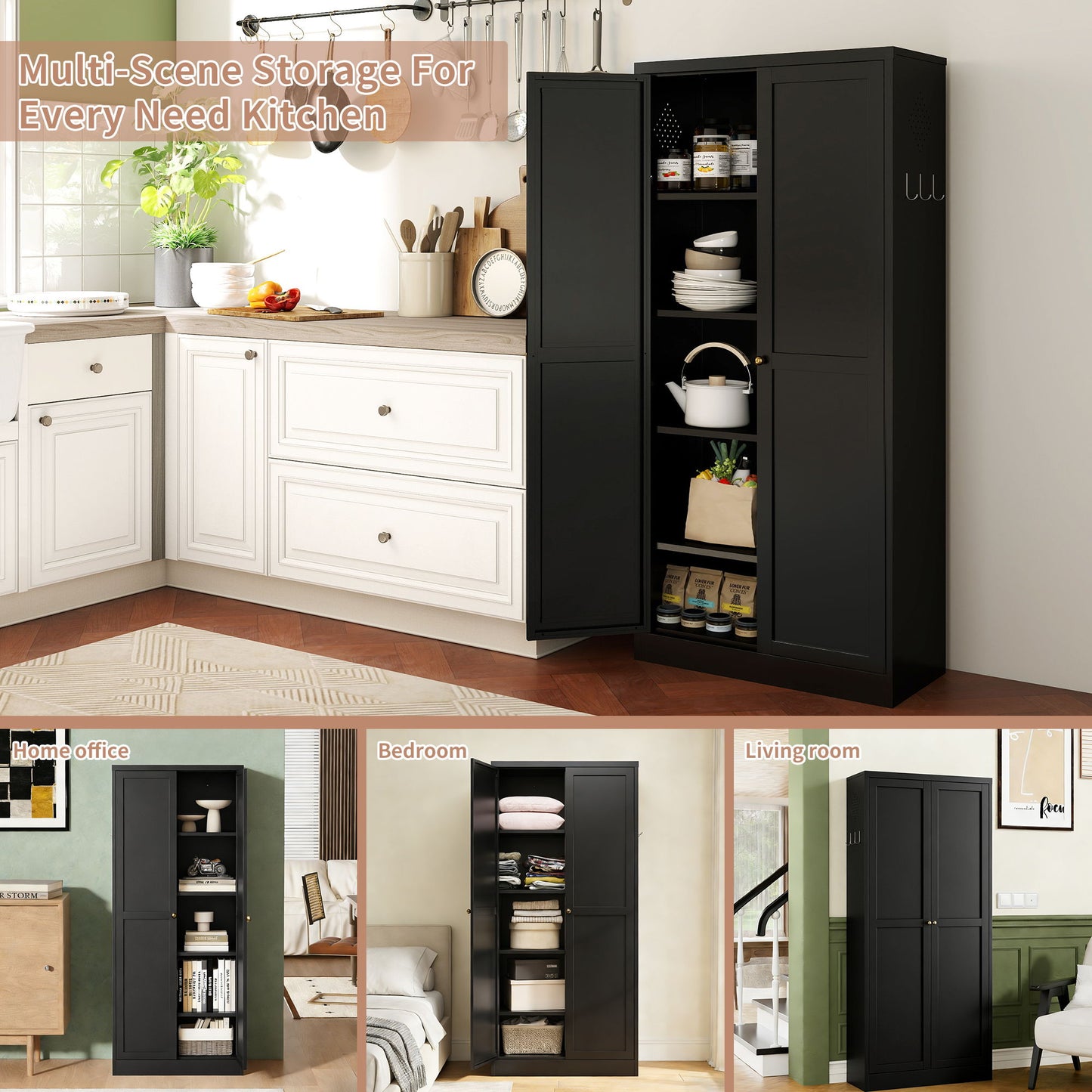 Kitchen Pantry Cabinet With 4 Adjustable Shelves, Heavy Duty Freestanding Organizer