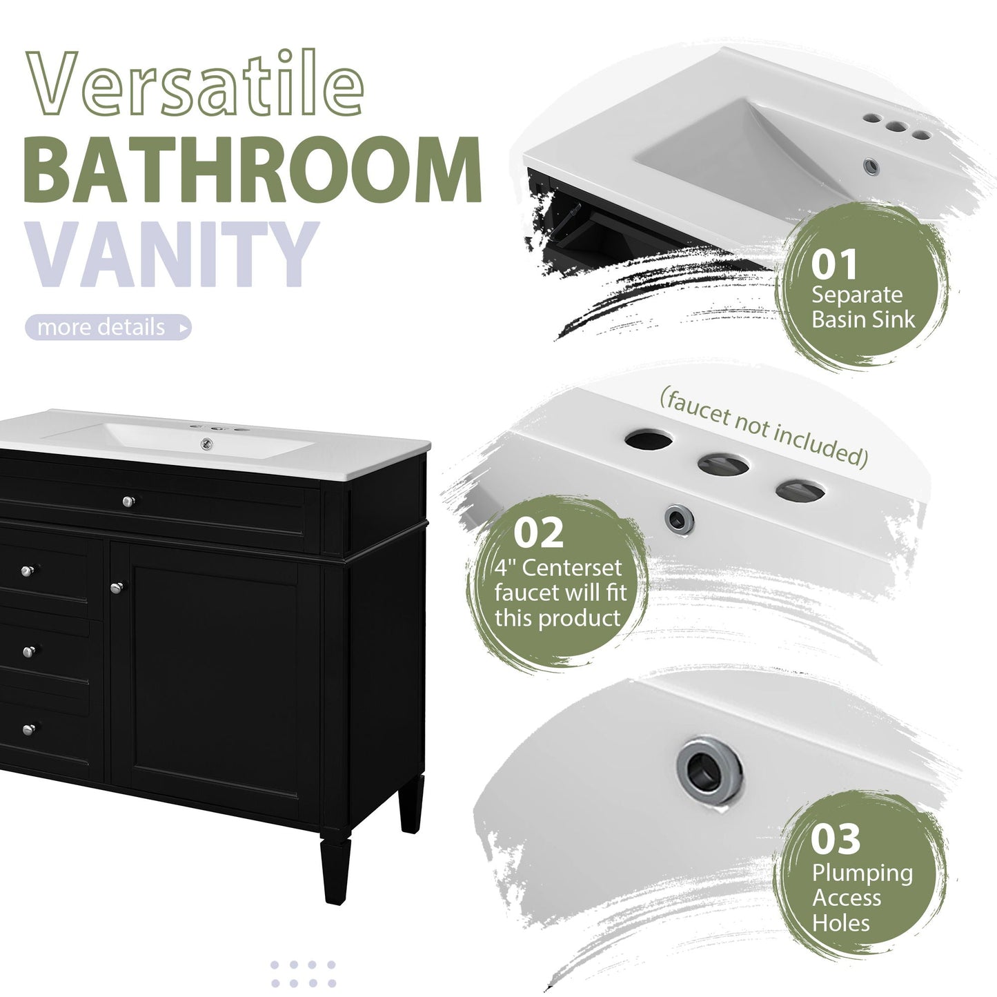 Bathroom Vanity With Mirror Cabinet, Single Sink With 2 Soft Closing Doors And 4 Drawers