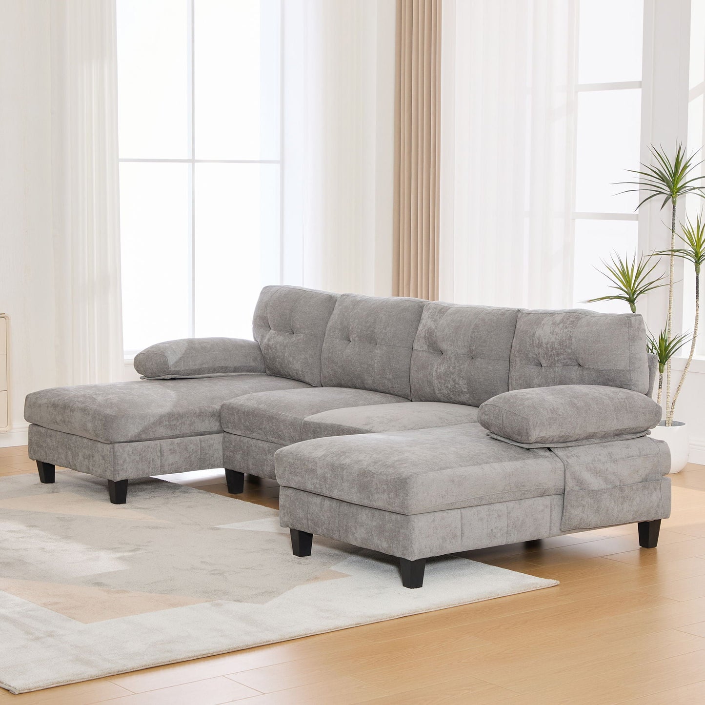 U-Shaped Sectional Sofa 103.5" Fabric Couch With Dual Chaise Lounges, Storage Pockets, Armrest Pillows
