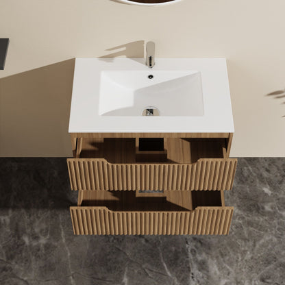 30" Wall Mounted Bathroom Vanity With Sink, Soft Close System, And Spacious Drawers - Walnut