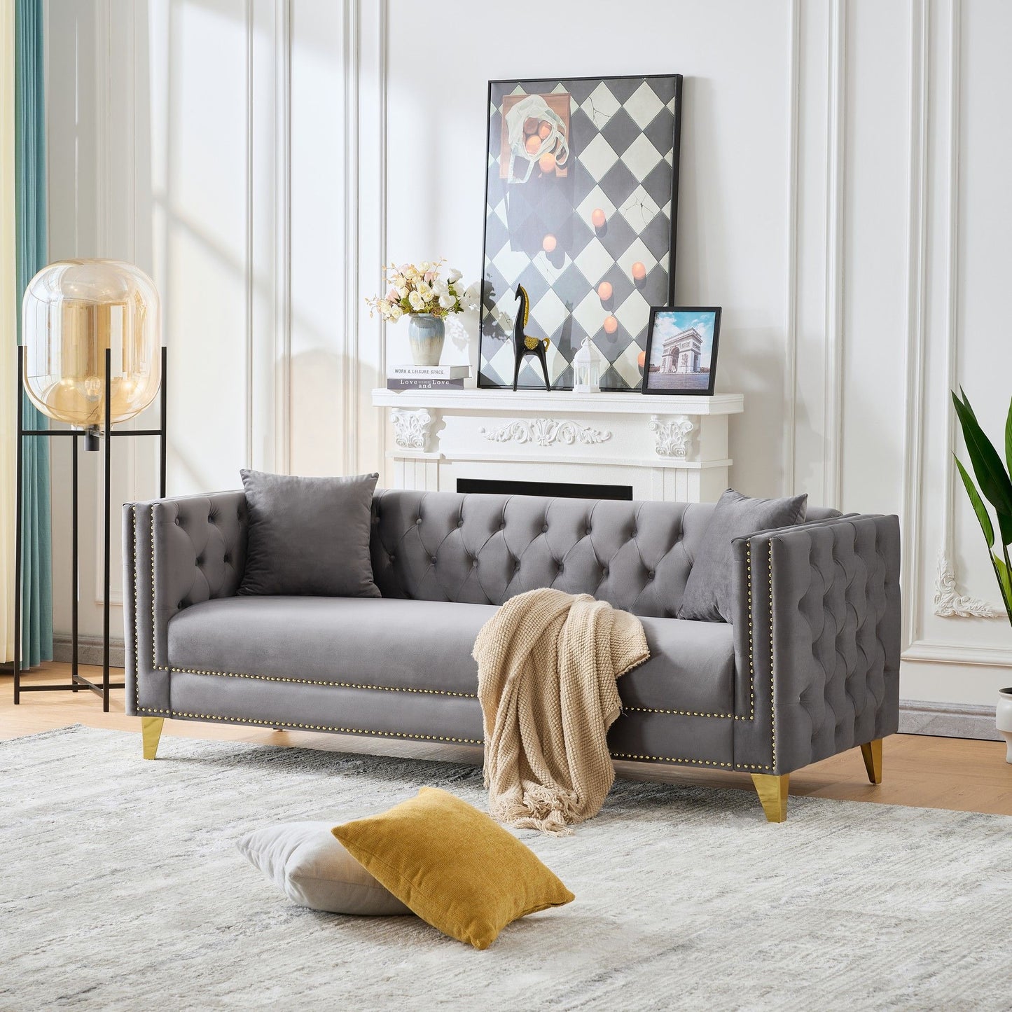 3 Seater Deep Seat Sofa, Sofa With Button Nailhead, Square Arm