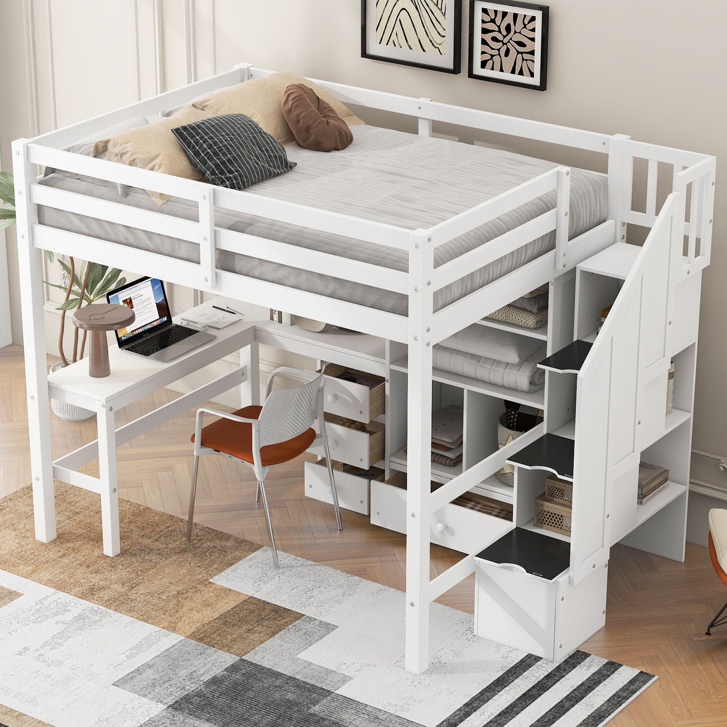 Loft Bed & L Shaped Desk, Drawers, Cabinet, And Storage Staircase