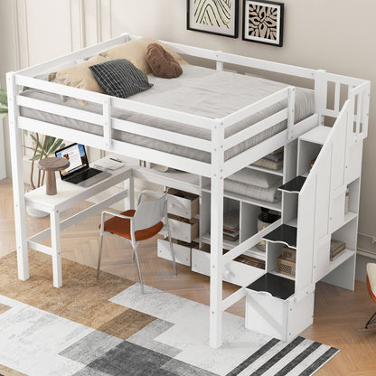 Loft Bed & L Shaped Desk, Drawers, Cabinet, And Storage Staircase