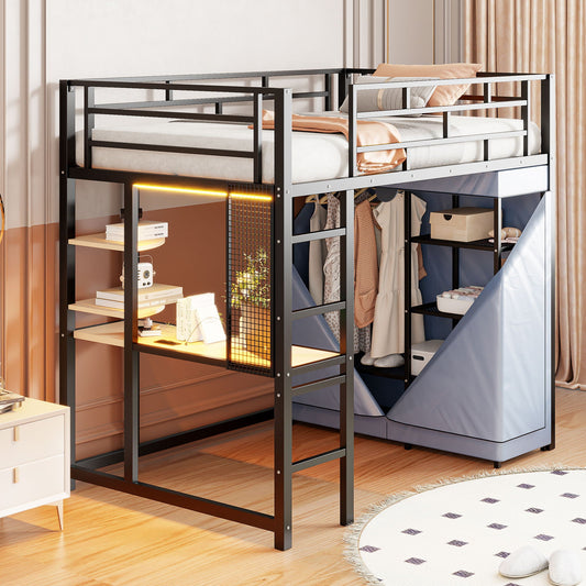 Loft Bed With Desk, Shelves, Power Outlet, LED Light And Wardrobe
