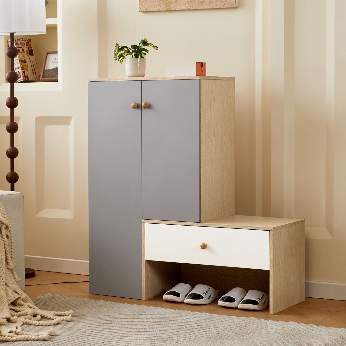 Modern Multi Functional Shoe Storage Bench & Cabinets With Adjustable Shelves - Gray / Natural Wood / White