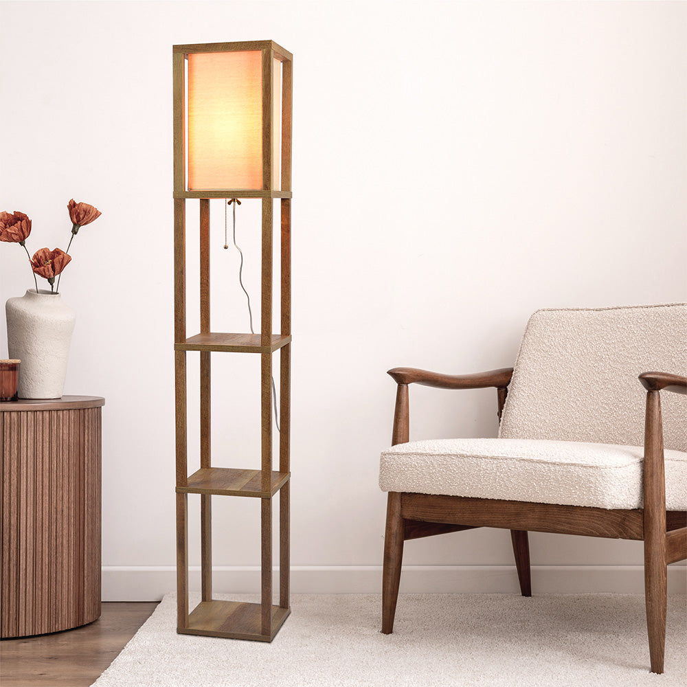 Pinnacle - Shelf Floor Lamp For Bedroom / Living Room, Long Shade - Natural Wood / White