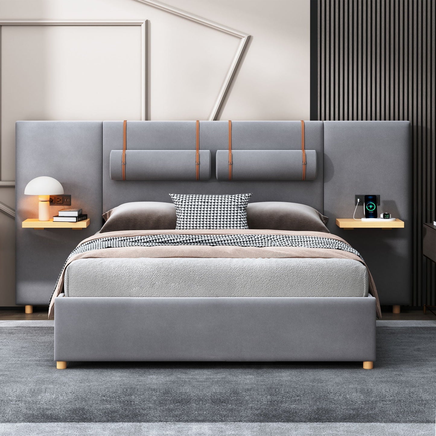 Upholstered Platform Bed, 2 Outlets And USB Charging Ports On Both Sides, 2 Bedside Pillows, Storage Shelves