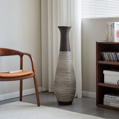 Tall Standing Designer Floor Vase Durable Artificial Rattan Elegant 2 Tone Finish Ideal Decor Accent For Living Room, Bedroom, Entryway Stylish Home Decor Statement Piece - Black / Gray