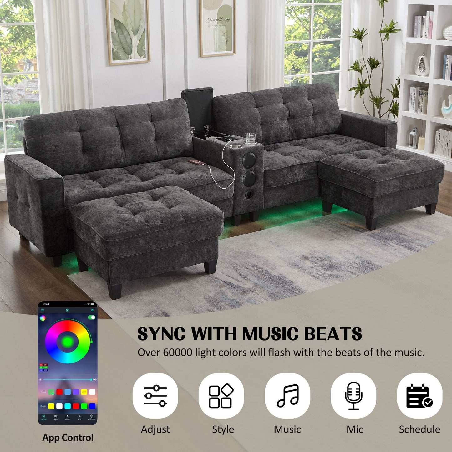 Modern Sectional Sofa U-Shaped With Movable Ottomans, tooth Speakers, LED Lights And Modular Storage
