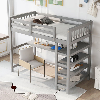 Loft Bed With Storage Shelves And Under Bed Desk