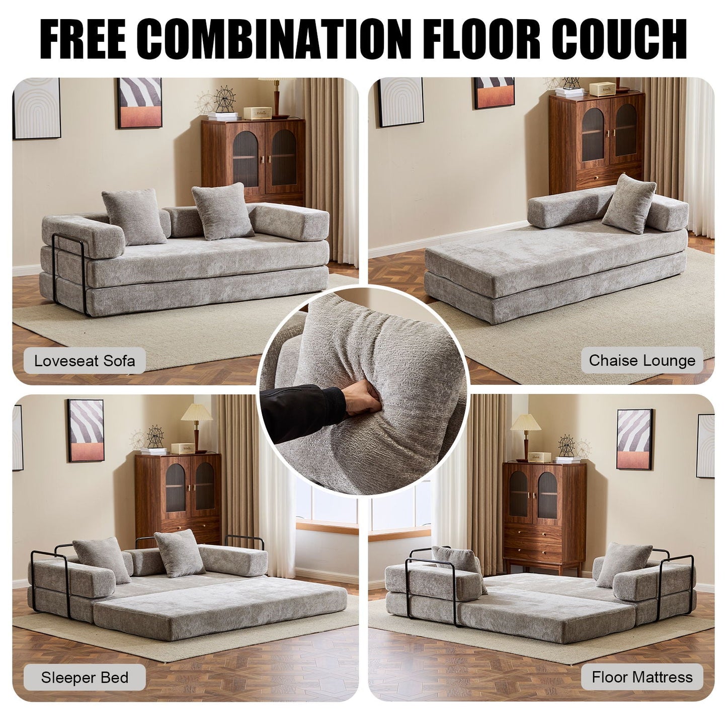 Convertible Floor Sofa Bed With Pillow Back Support Armrest