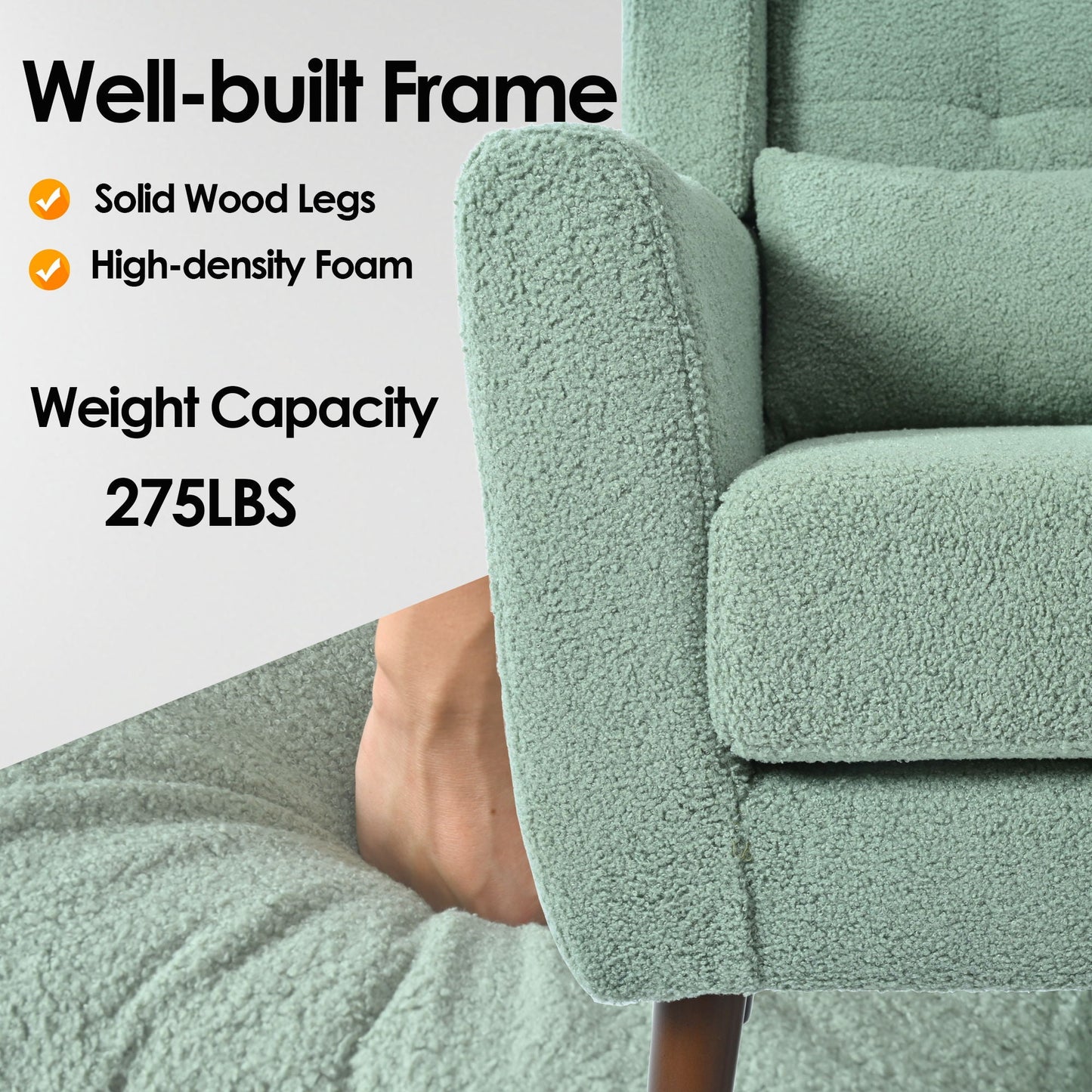 Modern Accent Chair, Teddy Fabric Living Room Chairs Comfy Reading Chair, Mid Century Accent Chair, Lounge Arm Chairs Armchair For Living Room Bedroom - Light Green