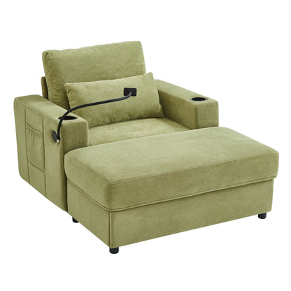 Modern Style Armchair Chaise Lounge Sofa Couch With Movable Storage Ottoman, USB Ports, Cup Holders, Phone Holder, Side Pockets
