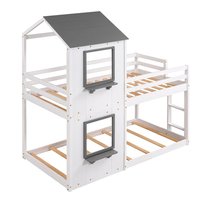 Bunk Bed Wood Bed & Roof, Window, Guardrail, Ladder