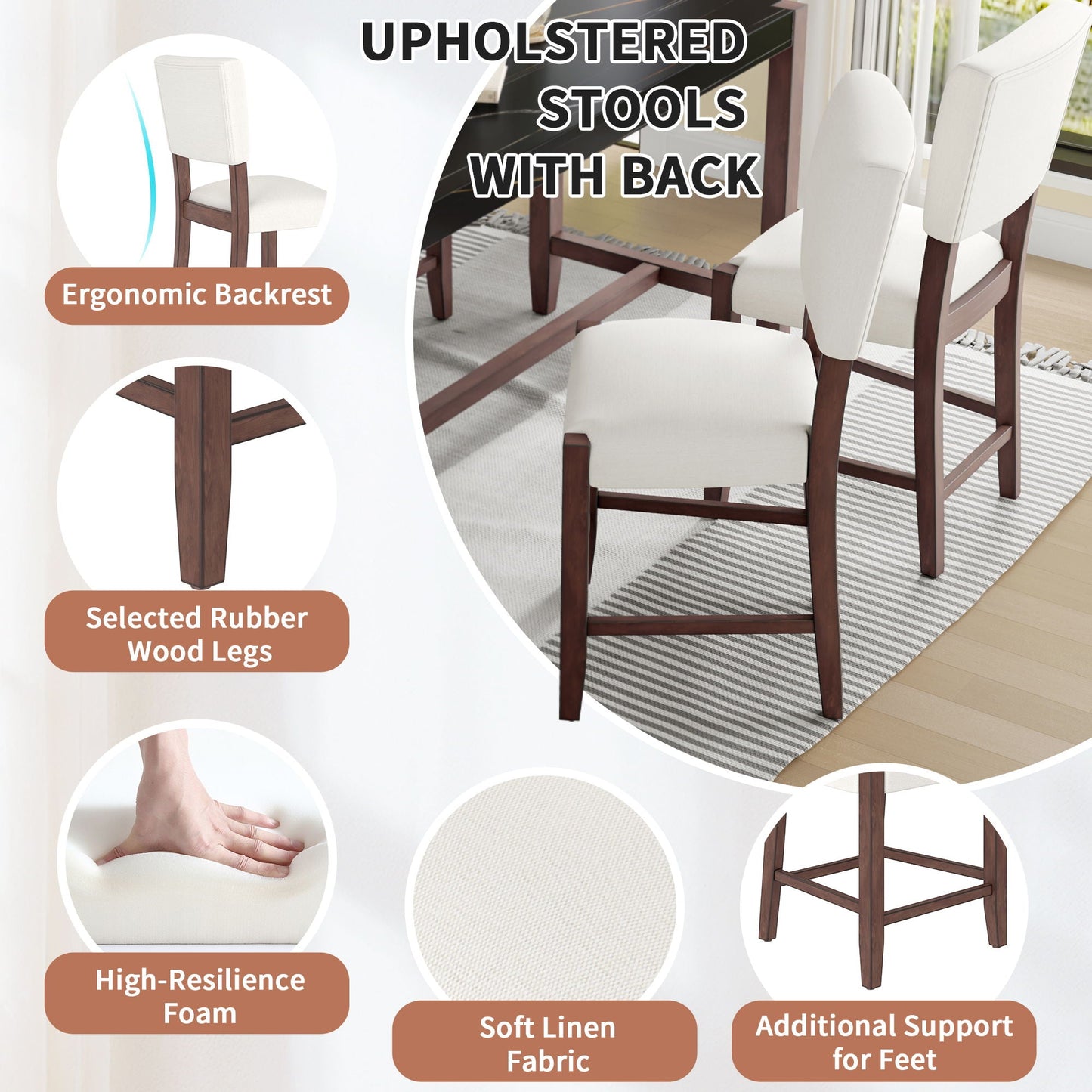 5 Piece Counter Height Dining Set, Bar Table With 4 Upholstered Chairs