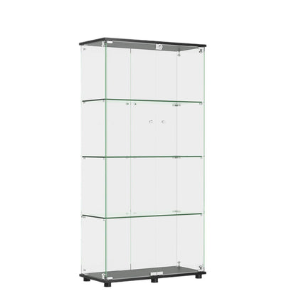 Modern Glass Display Cabinet With 4 Shelf Double Doors And Lock, Tempered Glass Bookshelf For Living Room - Black