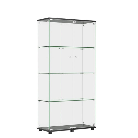 Modern Glass Display Cabinet With 4 Shelf Double Doors And Lock, Tempered Glass Bookshelf For Living Room - Black
