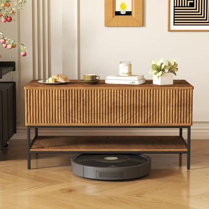 Rectangle Lift Top Coffee Table With Hidden Storage And Lower Shelf - Brown