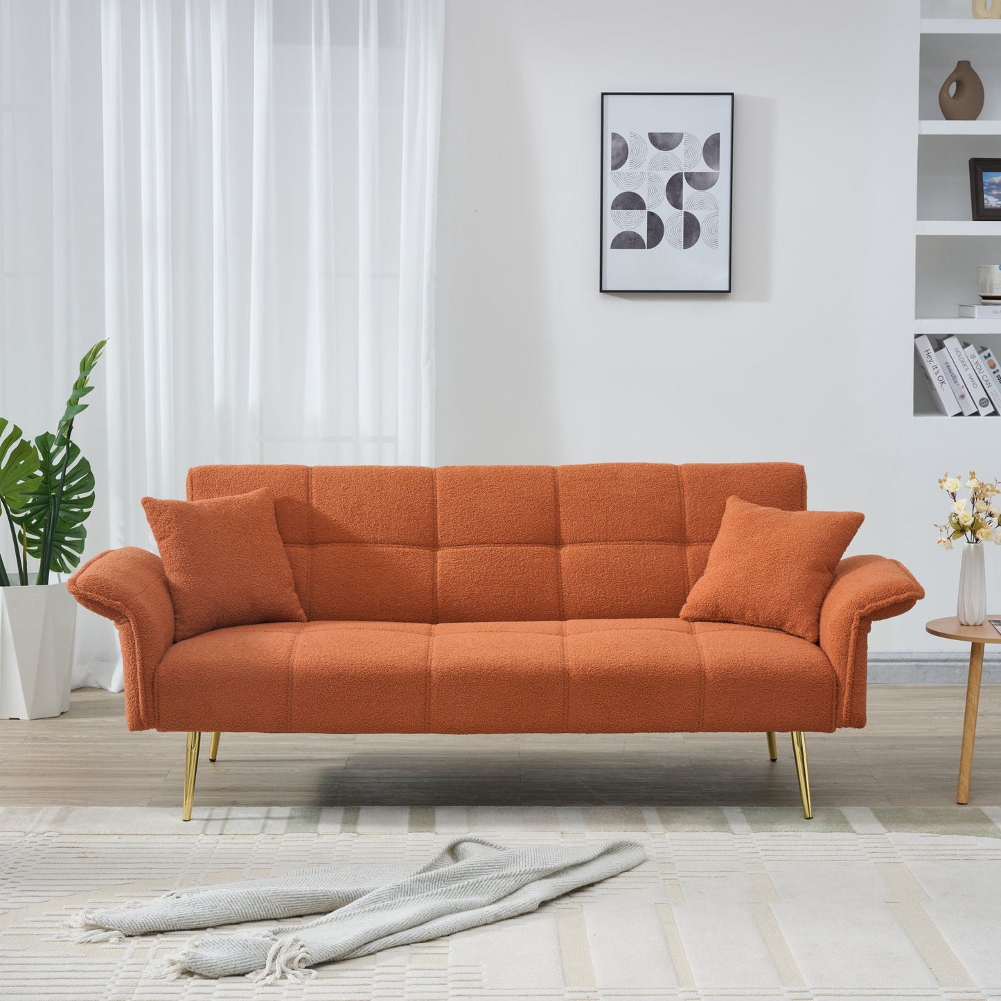 Convertible Double Futon Sofa Bed With Folding Armrests For Living Rooms