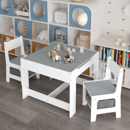 Kids Table And Chair Set, 3 In 1 Activity Table With Storage Drawer For Toddlers Drawing, Reading, Crafts, 2 In 1 Detachable Top - White
