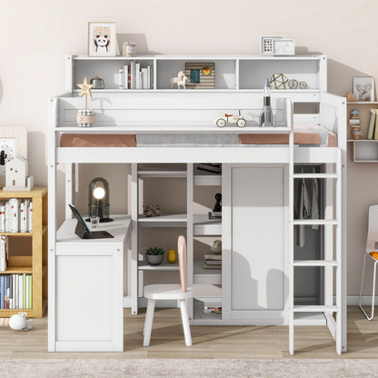 Loft Bed With Built In Desk, Storage Shelves, And Wardrobe