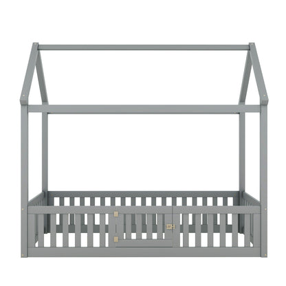 Wood House Bed With Fence And Door