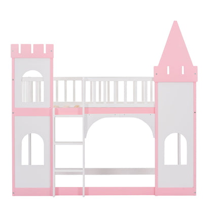 Twin Over Twin Castle Bunk Bed With Ladder - Pink