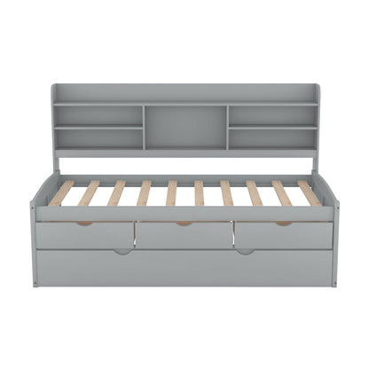 Captain Bed With Built In Bookshelves, 3 Storage Drawers, And Trundle
