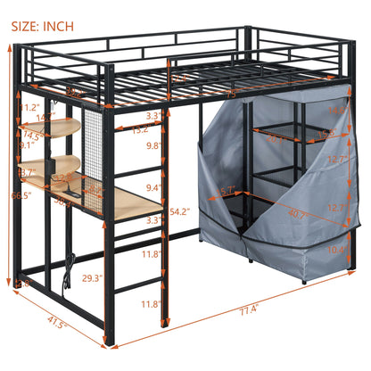 Loft Bed With Desk, Shelves, Power Outlet, LED Light And Wardrobe