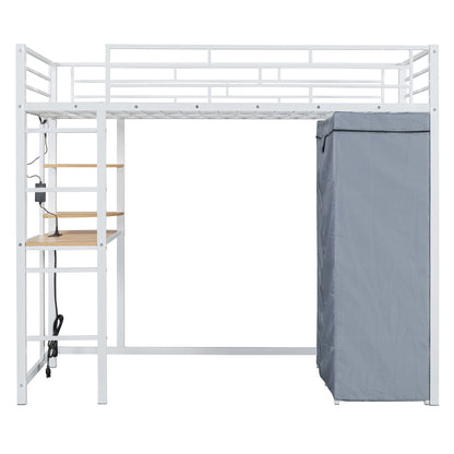 Loft Bed With Desk, Shelves, Power Outlet, LED Light And Wardrobe