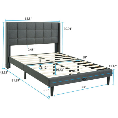 Queen Size Upholstered Platform Bed Frame With Button Tufted Linen Fabric Headboard - Dark Gray