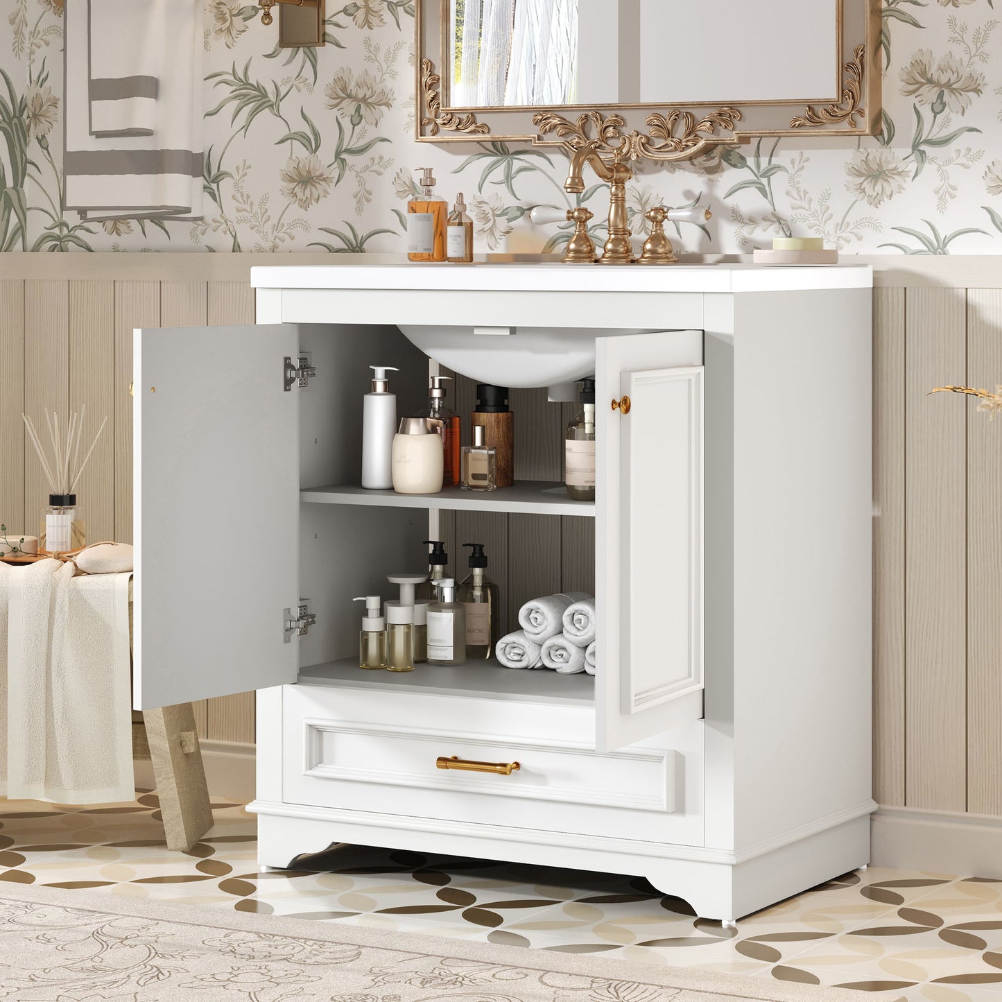 Bathroom Vanity With Sink, Cabinet & 2 Soft Closing Doors & Adjustable Shelf