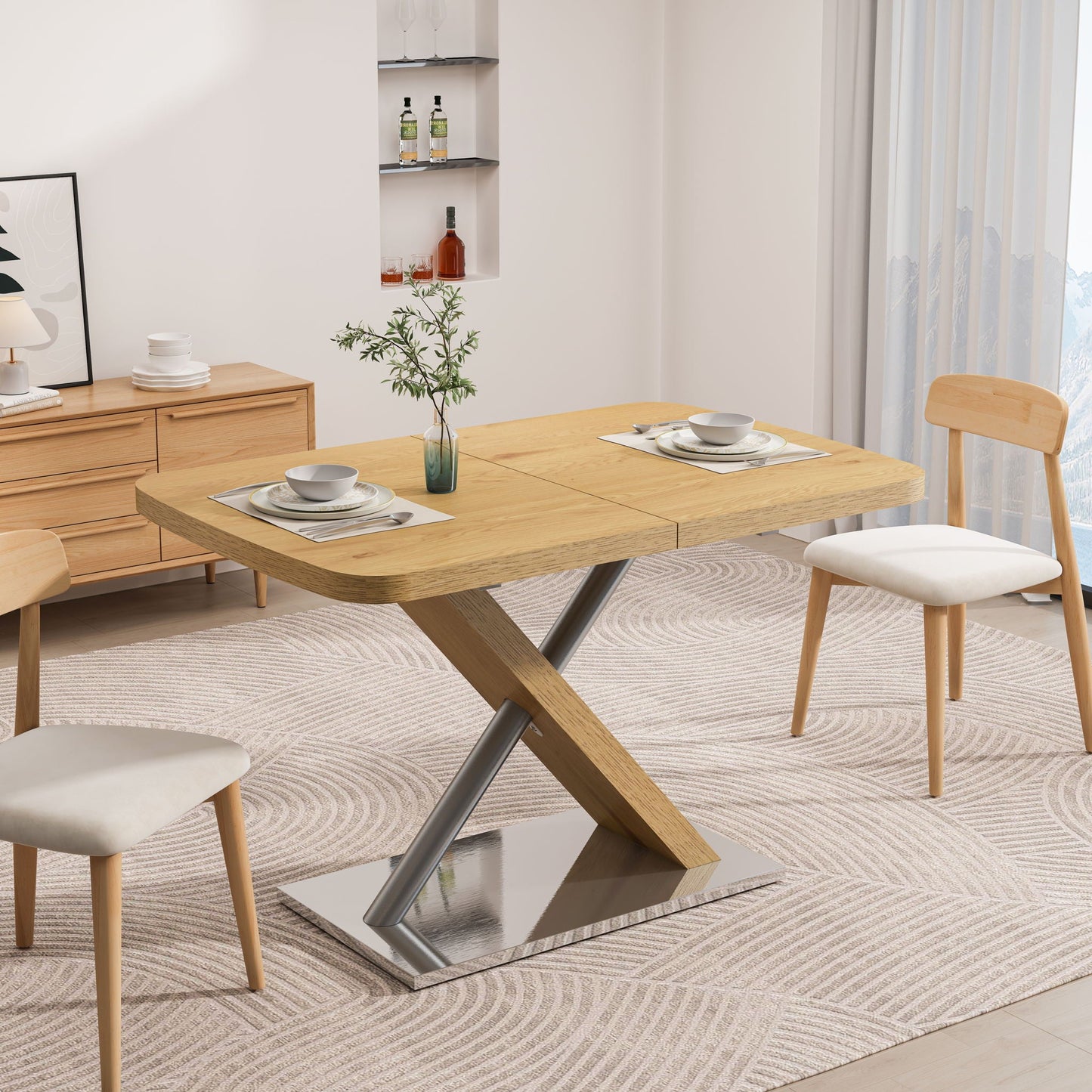 Retractable Square Dining Table, Seating 4 - 6 People, Cross Base With Stainless Steel Tubing, Expandable - Natural