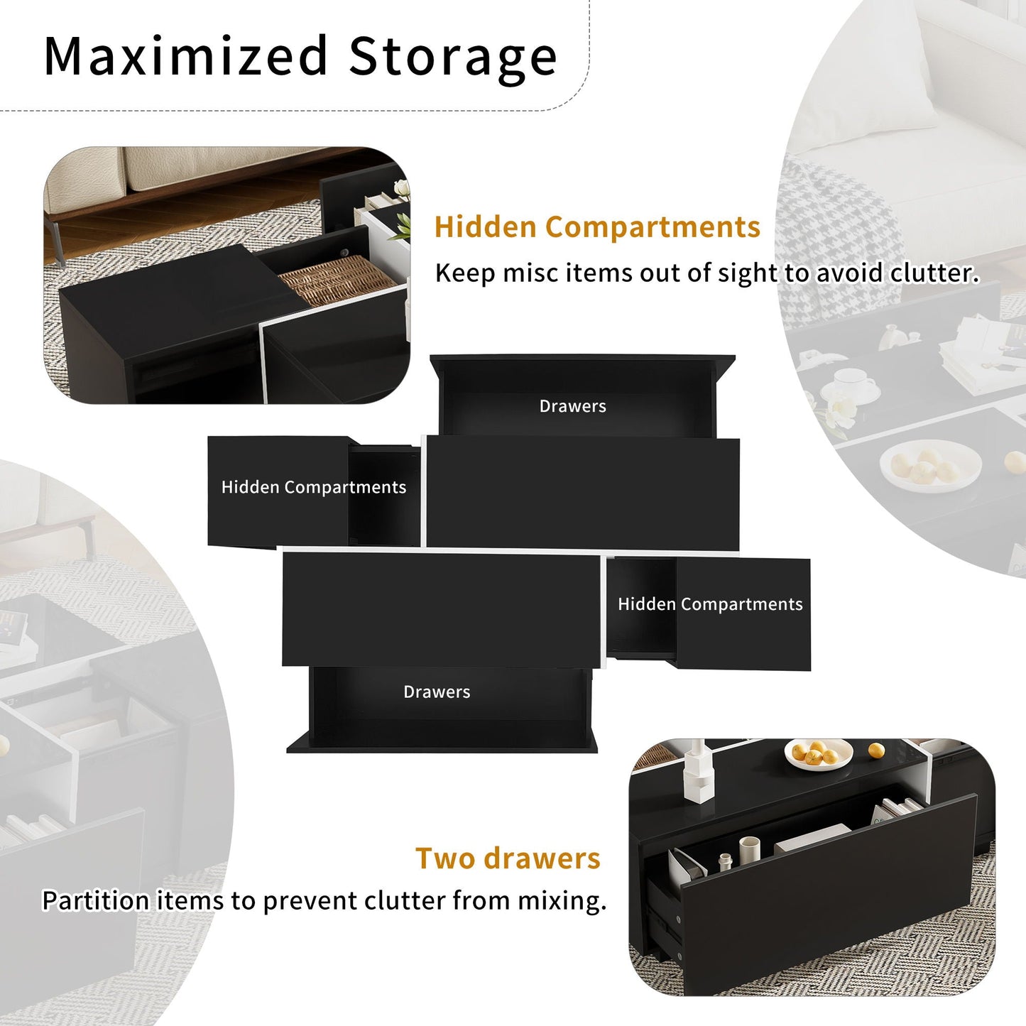 Extendable Coffee Table With 2 Hidden Storage Space And 2 Drawers For Living Room