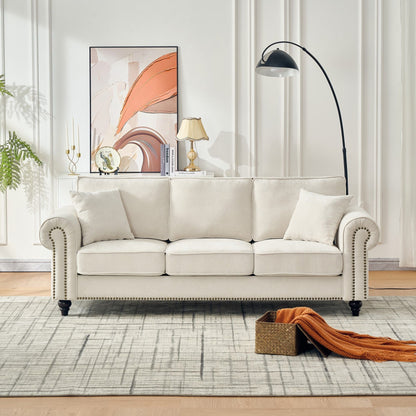 3 Seater Sofa With Tufted Upholstery, Rolled Arms, Nailhead Trim