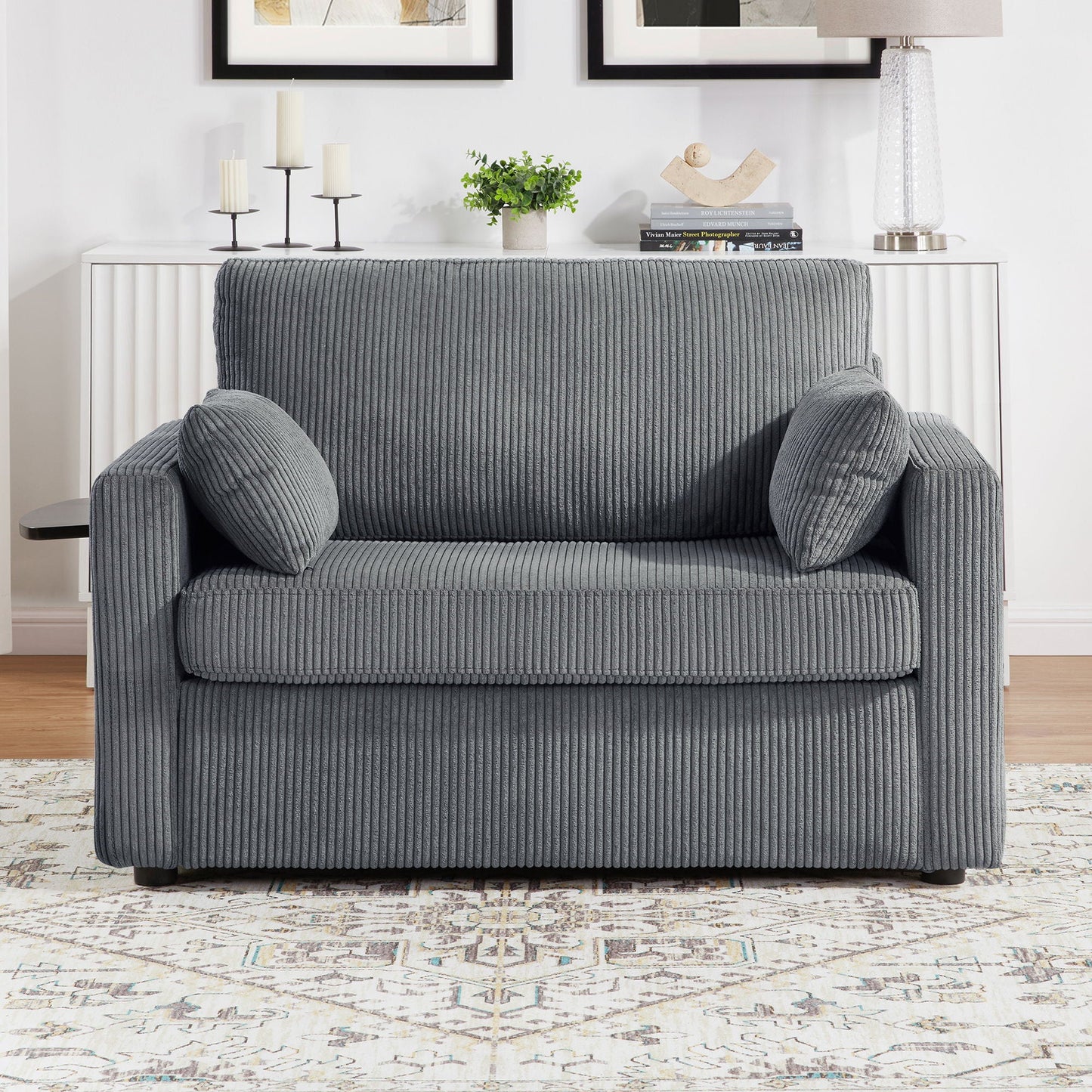 Sleeper Sofa With Foldable Mattress, USB Ports, Side Table & Storage Pocket