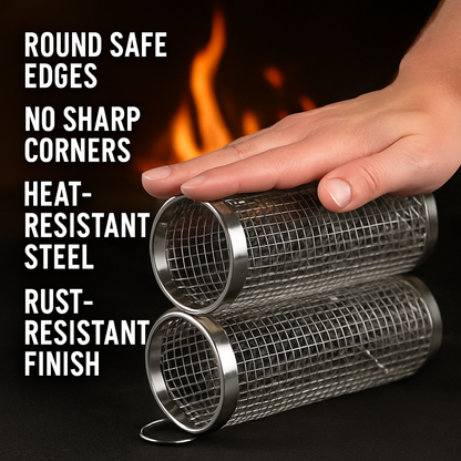 2Pcs 3.42x11.61Inch Portable BBQ Rolling Basket Round Stainless Steel Grill Mesh Barbecue Net Tube with Removable Cover Outdoor Camping