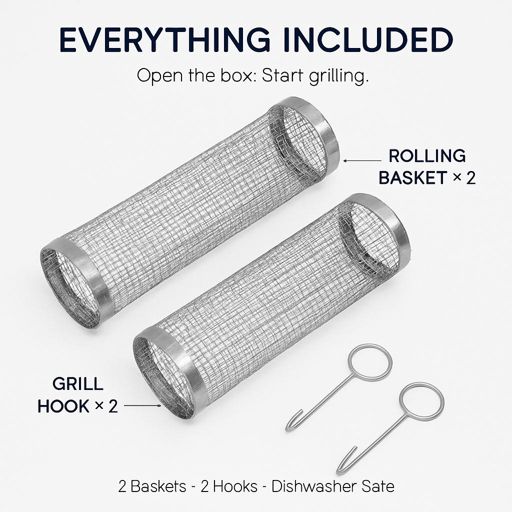 2Pcs 3.42x11.61Inch Portable BBQ Rolling Basket Round Stainless Steel Grill Mesh Barbecue Net Tube with Removable Cover Outdoor Camping